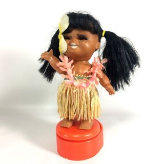 Hawaiian Hula Musical Doll Wind Up Base Hong Kong Vintage Kitschy Tiny Bubbles