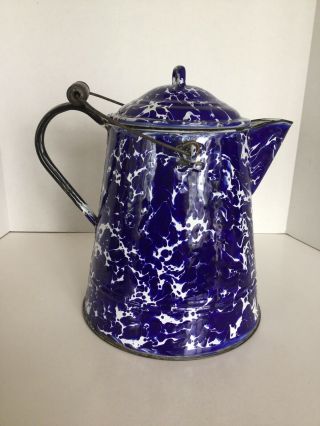 Vintage Cobalt Blue & White Splatterware Enamelware Cowboy Coffee Pot