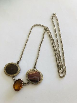 Art Deco Silver Agate,  Citrine Necklace,  Sterling,  925,  Heavy