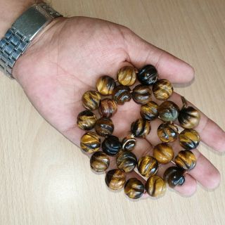 13 Old Rare Antique Vintage Chinese Carved Tigers Eye Beaded Necklace 117g