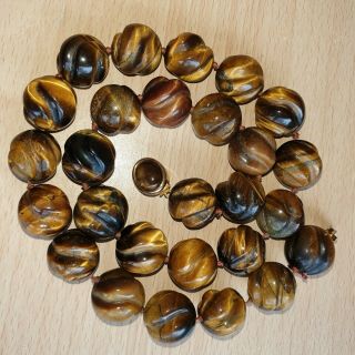 13 Old Rare Antique Vintage Chinese Carved Tigers Eye Beaded Necklace 117g 3