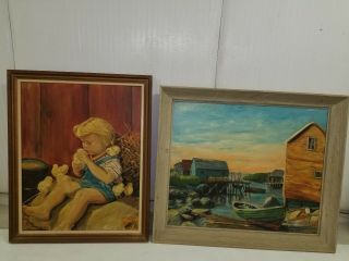 Vintage Oil Painting Farm Young Girl Kissing Animal Baby Chicks Canvas