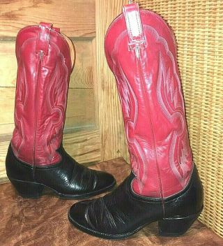 Very Vtg Tony Lama 8ee Red/black Leather Western Cowboy Tall Buckaroo Boots