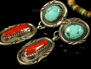 Vintage Navajo Turquoise & Coral Silver Long Dangle Clip On Earrings