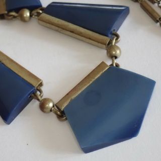 Vintage Machine Age Art Deco Jakob Bengel Germany Brass Blue Galalith Necklace