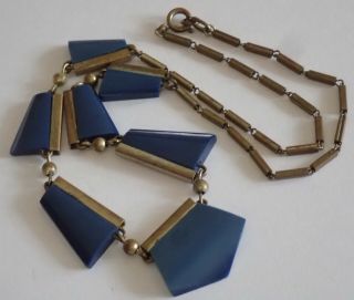 VINTAGE MACHINE AGE ART DECO JAKOB BENGEL GERMANY BRASS BLUE GALALITH NECKLACE 2