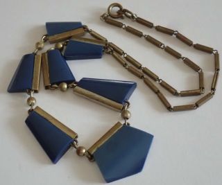 VINTAGE MACHINE AGE ART DECO JAKOB BENGEL GERMANY BRASS BLUE GALALITH NECKLACE 6