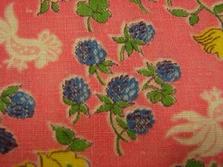 Vtg Cotton Full Feedsack Small Crazy Chickens/Raspberries/Roses on Pink - 37x42 4