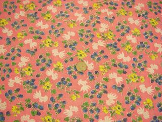 Vtg Cotton Full Feedsack Small Crazy Chickens/Raspberries/Roses on Pink - 37x42 5