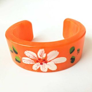 Orange Bakelite Hand Painted Flower Cuff Bangle Bracelet Orange Marbled Bakelite