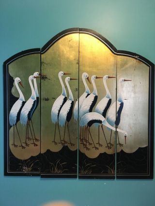 Vintage Asian Wood Panels Set Of 4 Gold Lacquer Cranes Hong Kong