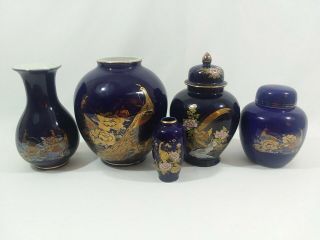 (5) Vintage Cobalt Blue Peacock Design Vase / Urn Set,  Chinese 1970 