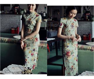 Chinese Vintage Gown Short Sleeve Cheongsam Bodycon Dress Linen Xy