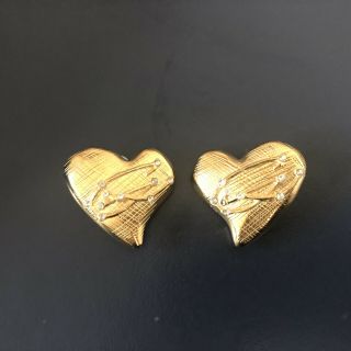 Christian Lacroix Vintage Gold Tone Clip On Earrings Heart Rhinestones 1990s