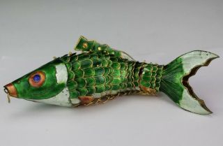 Large Chinese Export Green White Enamel Articulated 8 " Fish Necklace Pendant Jef