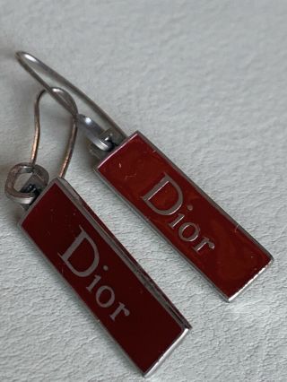 Vintage Christian Dior Logo Tag Earrings Red Enamel Silver Hardware