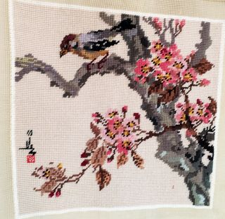 2 Vintage Needlepoint Chair Seat Covers Birds & Cherry Blossoms Asian Signature
