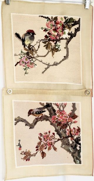 2 Vintage Needlepoint Chair Seat Covers Birds & Cherry Blossoms Asian Signature 2
