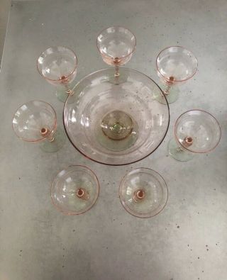 Vintage Depression Glass Watermelon Goblets Punch Bowl And Glasses (6)