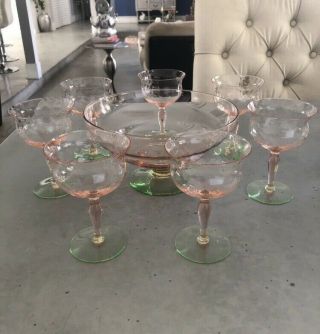Vintage depression glass Watermelon Goblets Punch Bowl And Glasses (6) 2
