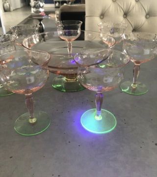 Vintage depression glass Watermelon Goblets Punch Bowl And Glasses (6) 3