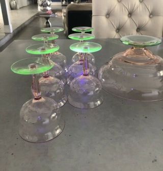 Vintage depression glass Watermelon Goblets Punch Bowl And Glasses (6) 5