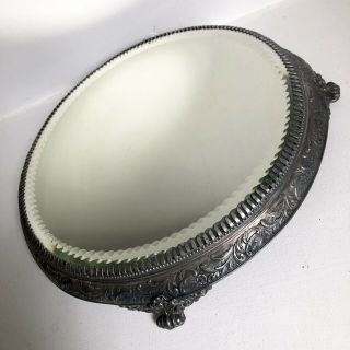 Dresser Mirror Vanity Tray Scalloped Beveled 12” Vtg Antique Silver Plate Footed