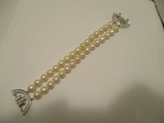 Bracelet Yves Saint Laurent Double Strand Faux Pearls Clear Rhinestones YSL 2