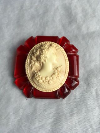 Vintage Bakelite Translucent Cherry Red Cameo Brooch Pin 59mm