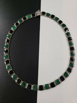Vintage Chile Sterling Silver Black Onyx Malachite Inlaid Necklace 17 " L 42 G