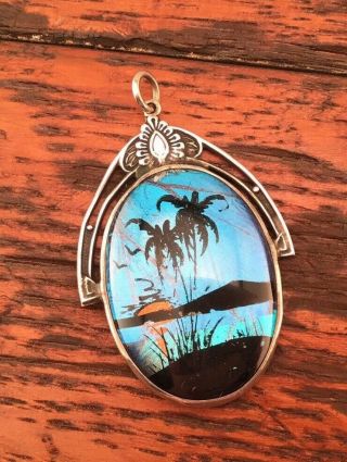 Vintage Sterling Silver Butterfly Wing Pendant - Tropical,  Palm Trees
