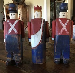 3 Vintage Wolf Creek Soldiers Folk Art Wood Carvings Artist Signed 1985