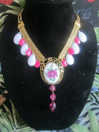 Vintage Floral Cameo Bead Statement Necklace - Repurposed - One Of A Kind