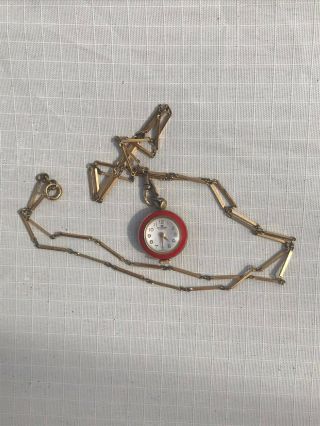 Vintage Bucherer Skeleton Pendent Watch With Red Enamel Running On Long Chain