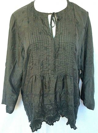 Johnny Was Vintage Womens Blouse Gray Peasant Boho Top Pintucked Tunic Size Xl