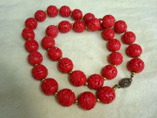Vintage Red Cinnabar Carved Chinese Necklace 33 Beads Filigree Silver Clasp 24”