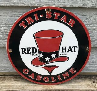 Vintage Red Hat Gasoline Porcelain Sign,  Service Station,  Pump Plate,  Tri - Star