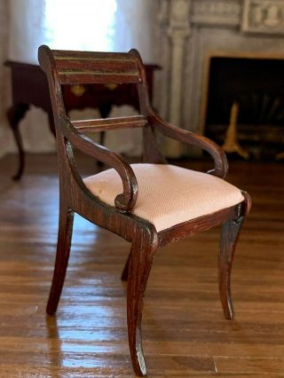 1985 Dennis Jenvey Wood Chair Silk Seating Arms Brass Inlay Miniature Dollhouse 8
