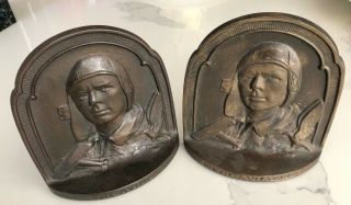 Rare Vintage Charles Lindbergh Bookends.  Titled " The Aviator " And Dated 1928.