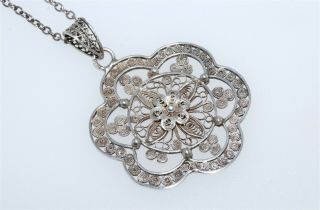 Antique Vintage Peru Peruvian 800 Silver Filigree Flower Pendant Necklace