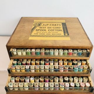 Vintage Wooden Spools Thread Holder Sewing Box