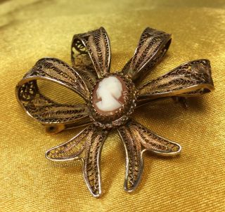 Vintage Antique 800 Sterling Silver Cameo Filigree Brooch/pin Fine Jewelry