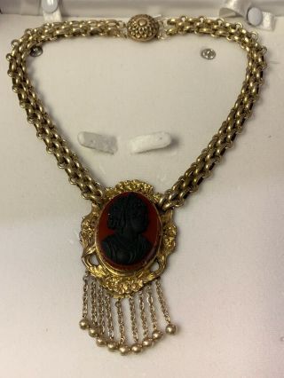 Antique Victorian Cameo Book Chain Dangle Necklace Mourning Jewelry
