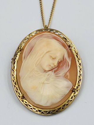 Antique Vintage 800 Silver Vermeil Carved Shell Cameo Brooch Pendant & Necklace