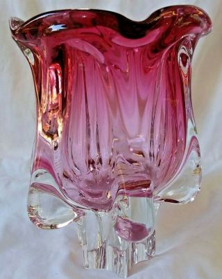 Vintage Chribsk Cranberry Art Glass Flower Vase Czechoslovakia Bohemia.