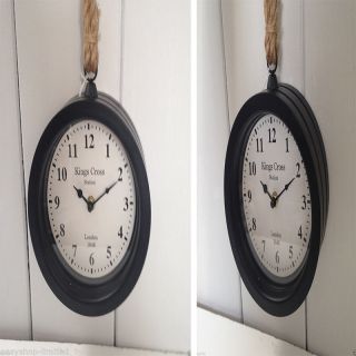 Black Vintage Style King Cross London Station Clock Thick Rope Hanging Dia.  18cm