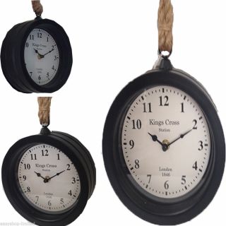 BLACK VINTAGE STYLE KING CROSS LONDON STATION CLOCK THICK ROPE HANGING DIA.  18CM 2