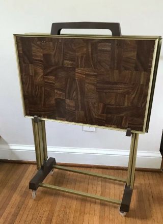 Vintage Tv Tray Set & Stand Mid Century Faux Wood W/ Gold & Lucite Wheels