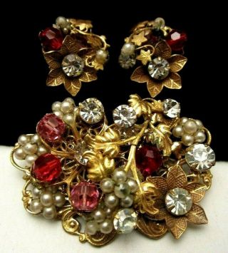 Rare Vintage Signed By Robert Red Rhinestone Brooch & Earring Set A3