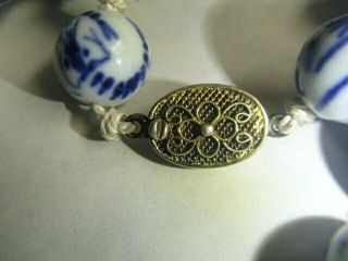 VTG Chinese Blue White Shrimp? Scorpion? Bead Silver Filigree Clasp Necklace 2